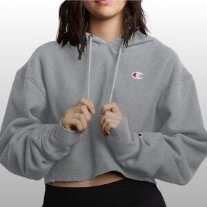 Champion Reverse Weave Logo Sweatshirt Hoodie Gray Cropped Urban Outfitters